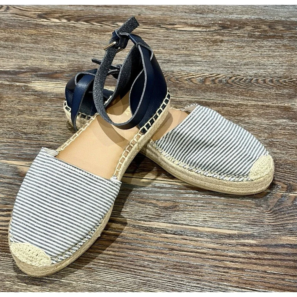 OLD NAVY  Navy, Chambray/White Stripe/Jute Ankle Strap Espadrilles - Sz 10 -NWOT